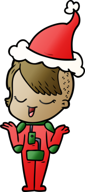 Mutlu el çizimi, uzay elbisesi içindeki bir kızın Noel Baba şapkası giydiği bir insan tarafından çizilmiş.