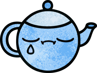 Bir insan tarafından çizilmiş üzgün bir çay demliğinin retro grunge desenli karikatürü