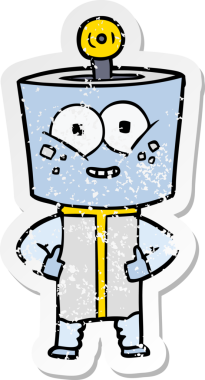 Bir insan tarafından çizilmiş mutlu çizgi film robotunun sıkıntılı çıkartması.
