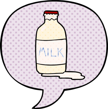 Bir insan tarafından çizilmiş çizgi roman tarzında taze süt ve konuşma balonu.