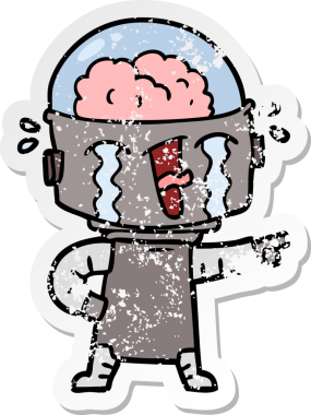 Bir insan tarafından çizilmiş ağlayan robot karikatürünün sıkıntılı çıkartması
