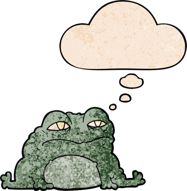 Bir insan tarafından çizilmiş grunge doku tarzında düşünce baloncuğu olan çizgi film karakurbağası.