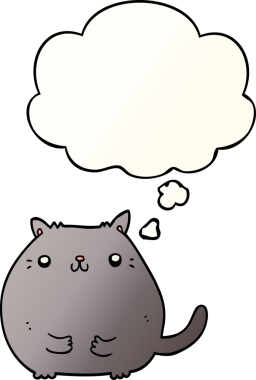 Bir insan tarafından çizilmiş yumuşak eğimli düşünce baloncuklu çizgi film kedisi.