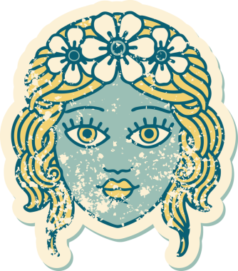 Bir insan tarafından çizilmiş çiçek desenli kadın yüzünün sembolik dövmesi.