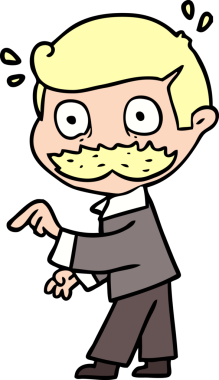 Çizgi filmdeki bıyıklı adam bir insan tarafından çizilmiş bir noktaya parmak basıyor.