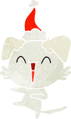 Mutlu dans eden köpek eli insan tarafından çizilmiş eski bir Noel Baba şapkası.
