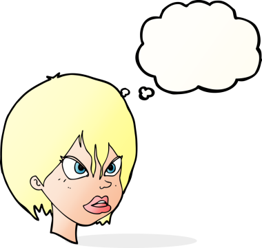 Bir insan tarafından çizilmiş düşünce baloncuğuyla rahatsız bir kadın.