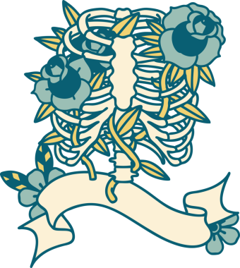 Geleneksel dövmeli bir göğüs kafesi ve bir insan tarafından çizilmiş çiçekler.