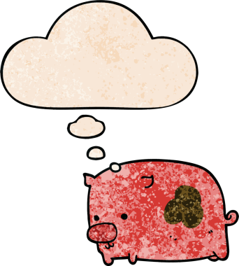 Bir insan tarafından çizilmiş grunge desenli düşünce baloncuklu çizgi film domuzu.