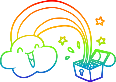 Gökkuşağı çizgi çizimi ve bir insan tarafından çizilmiş altın kaplar.