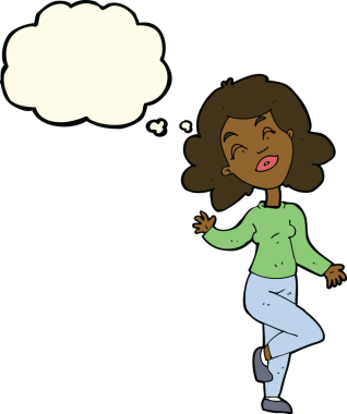 Bir insan tarafından çizilmiş düşünce baloncuğuyla dans eden mutlu kadın çizgi filmi.