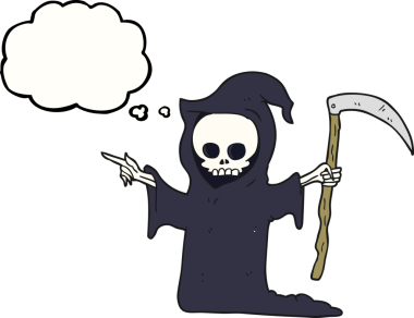 Bir insan tarafından çizilmiş tırpanla serbest çizilmiş düşünce balonu karikatürü ölümü