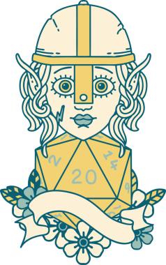 Retro Tattoo stili elf dövüşçüsü. Bir insan tarafından çizilmiş 20 zar ile.