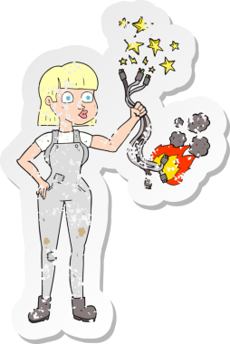 Bir insan tarafından çizilmiş bir kadın elektrikçinin gerilimli çıkartması.