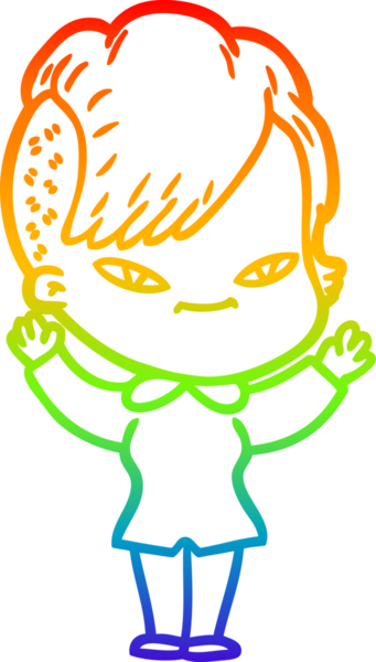 Gökkuşağı gradyan çizimi. Hipster saç kesimi bir insan tarafından çizilmiş şirin bir çizgi film kızı.