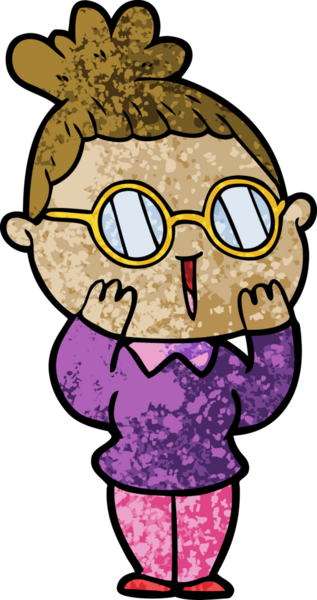 Bir insan tarafından çizilmiş gözlüklü bir karikatür kadın.