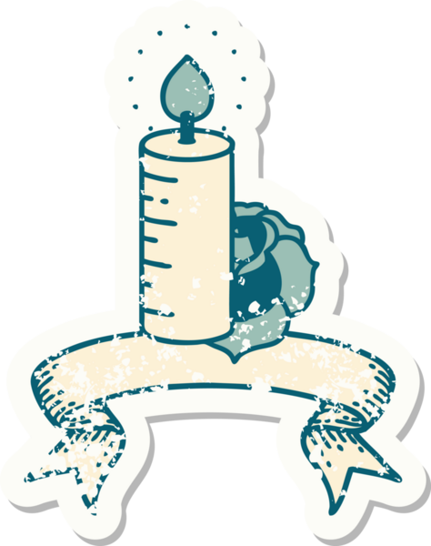 Bir mum bayrağı ve bir insan tarafından çizilmiş bir gül olan eski bir etiket.