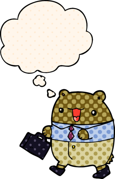 Çizgi roman tarzında bir insan tarafından çizilmiş düşünce baloncuğu olan sevimli çizgi film iş ayısı.