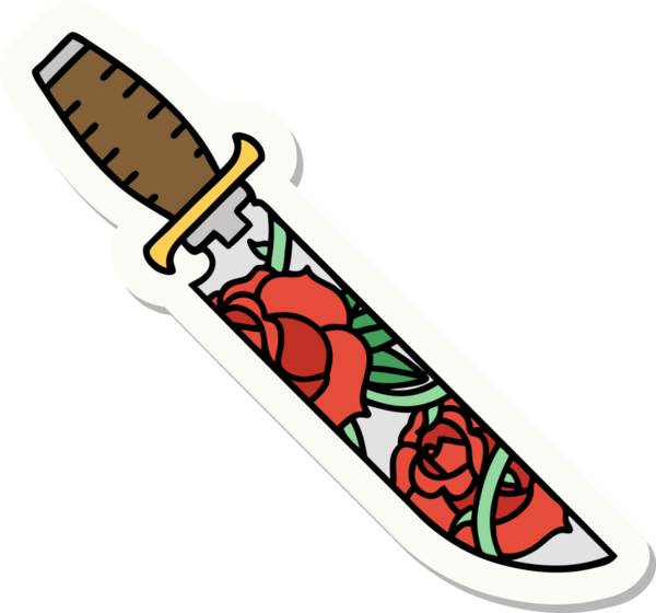 Geleneksel bir hançer stili dövme çıkartması ve bir insan tarafından çizilmiş çiçekler.