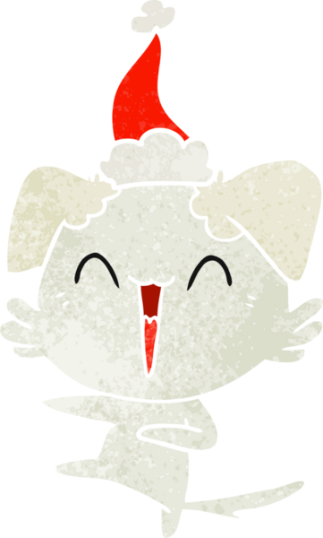 Mutlu dans eden köpek eli insan tarafından çizilmiş eski bir Noel Baba şapkası.
