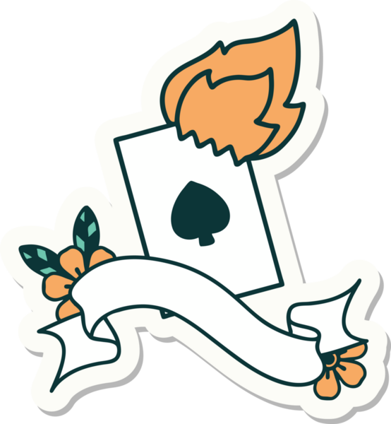 Bir insan tarafından çizilmiş yanan bir kartın pankartına sahip dövme stili çıkartması