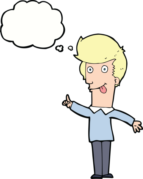 Bir insan tarafından çizilmiş düşünce baloncuğu fikri olan komik bir adam.