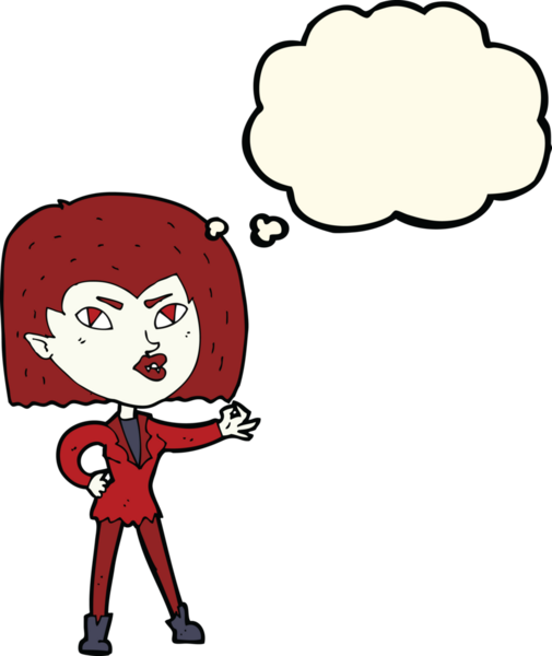 Bir insan tarafından çizilmiş düşünce balonlu vampir kız.