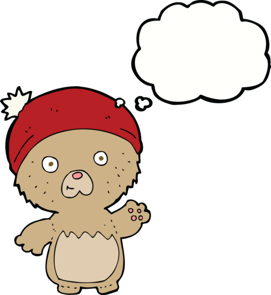 şapkalı şirin oyuncak ayı ve bir insan tarafından çizilmiş düşünce balonu.