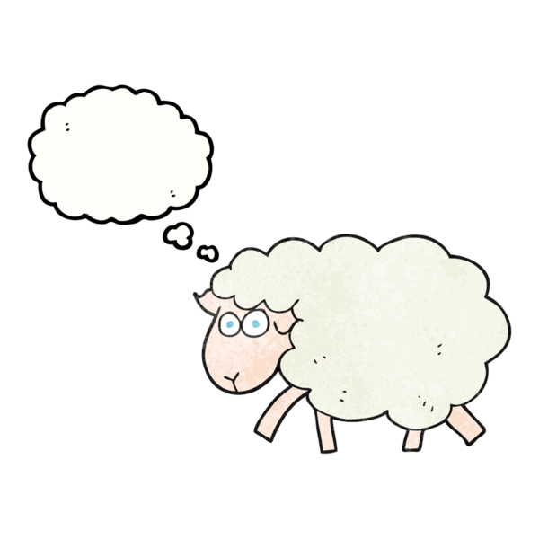 Bir insan tarafından çizilmiş serbest çizim düşünce balonu desenli çizgi film koyunu.