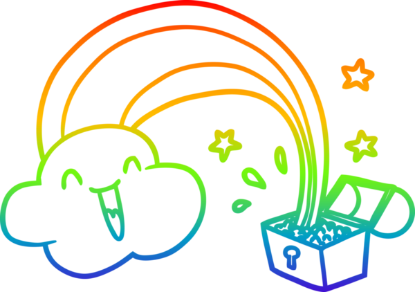 Gökkuşağı çizgi çizimi ve bir insan tarafından çizilmiş altın kaplar.