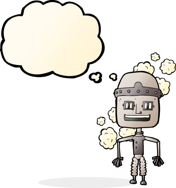 Bir insan tarafından çizilmiş düşünce baloncuklu komik yaşlı robot.