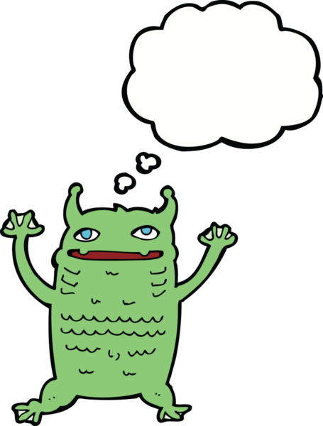Bir insan tarafından çizilmiş düşünce balonu olan küçük bir canavar.