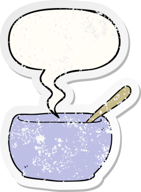 Konuşma baloncuğu olan çizgi film çorba kasesi bir insan tarafından çizilmiş sıkıntılı eski bir çıkartma.