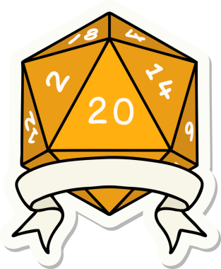 Bir insan tarafından çizilmiş 20 kritik vuruşluk D20 zar etiketi.