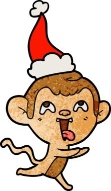 Bir insan tarafından çizilmiş Noel Baba şapkasıyla koşan bir maymunun desenli çizimi.