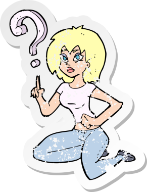 Bir insan tarafından çizilen soruları soran karikatürlü bir kadının gerilimli çıkartması.