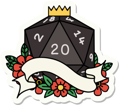 Bir insan tarafından çizilmiş 20 D20 zarının çıkartması.