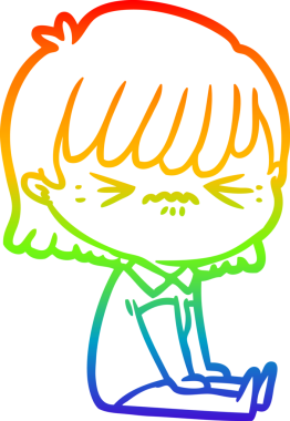 Gökkuşağı gradyan çizimi. Sinirli bir çizgi film kızı. Bir insan tarafından çizilmiş.