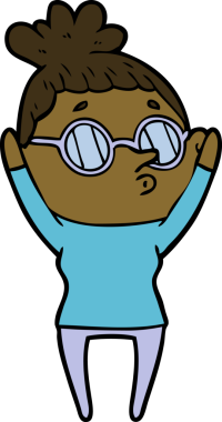 Bir insan tarafından çizilmiş gözlüklü bir karikatür kadın.