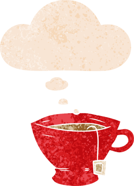 Düşünce baloncuklu bir çay fincanı grunge sıkıntılı retro desenli bir insan tarafından çizilmiş