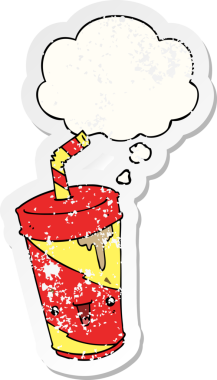 Düşünce baloncuklu tatlı karikatür gazozu insan tarafından çizilmiş yıpranmış bir çıkartma gibi.