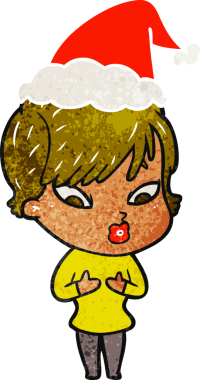 Bir insan tarafından çizilmiş Noel Baba şapkası giyen bir kadının el çizimi karikatürü.