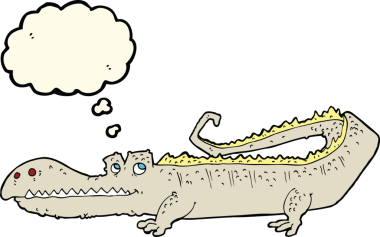 Bir insan tarafından çizilmiş düşünce baloncuklu timsah çizgi filmi.