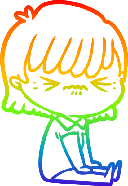 Gökkuşağı gradyan çizimi. Sinirli bir çizgi film kızı. Bir insan tarafından çizilmiş.