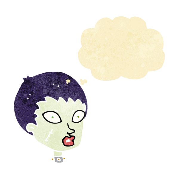 Bir insan tarafından çizilmiş düşünce balonlu dişi zombi kafası.