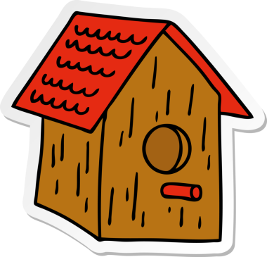 Bir insan tarafından çizilmiş ahşap bir kuş evinin el çizimi karikatürü.