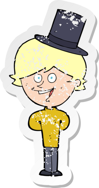 Bir insan tarafından çizilmiş silindir şapkalı bir çizgi film karakterinin gerilimli çıkartması.