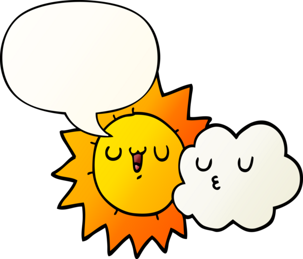 bir insan tarafından çizilmiş, düzgün eğimli konuşma baloncuklu güneş ve bulut çizgi filmi