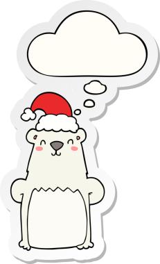 Bir insan tarafından çizilmiş bir çıkartma olarak düşünce baloncuklu Noel şapkası takan çizgi film ayısı.