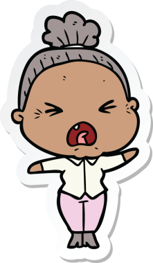 Bir insan tarafından çizilmiş kızgın yaşlı bir kadının çıkartması.